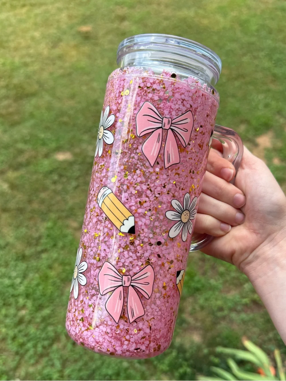 20 oz Pink Coquette Teacher Snow Globe Tumbler Glitter Cup with Handle & Straw